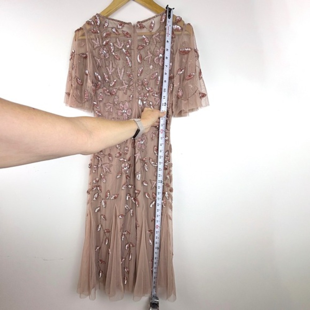 Adrianna Papell Beaded Sequin Mesh Midi Dress Rose Gold Flutter‎ Sleeve Size 2 - Picture 15 of 16